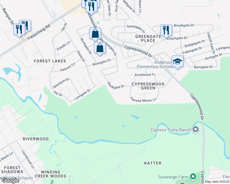 map of restaurants, bars, coffee shops, grocery stores, and more near 5411 Gate Canyon Court in Spring