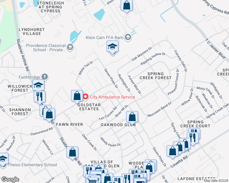 map of restaurants, bars, coffee shops, grocery stores, and more near 6802 Peace River Drive in Spring