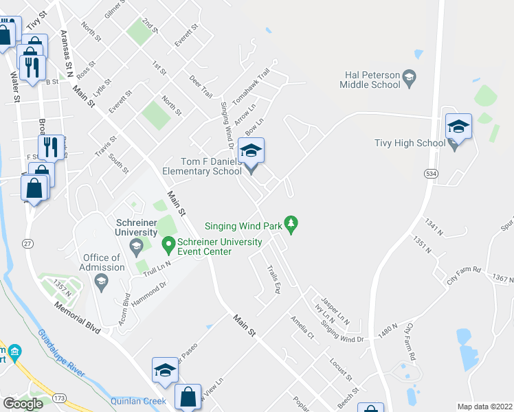 map of restaurants, bars, coffee shops, grocery stores, and more near 2112 Singing Wind Drive in Kerrville