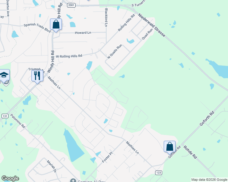 map of restaurants, bars, coffee shops, grocery stores, and more near 1001 Mathias Lane in Kyle
