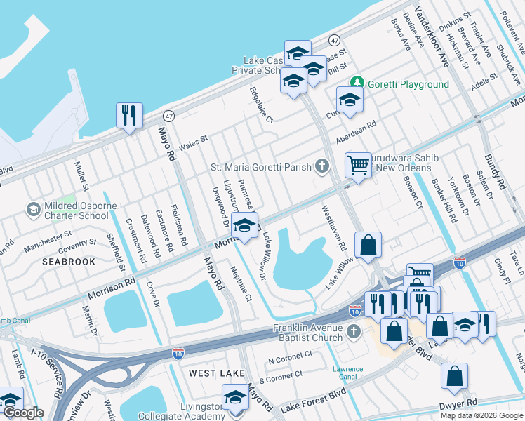 map of restaurants, bars, coffee shops, grocery stores, and more near 7930 Cynthia Drive in New Orleans