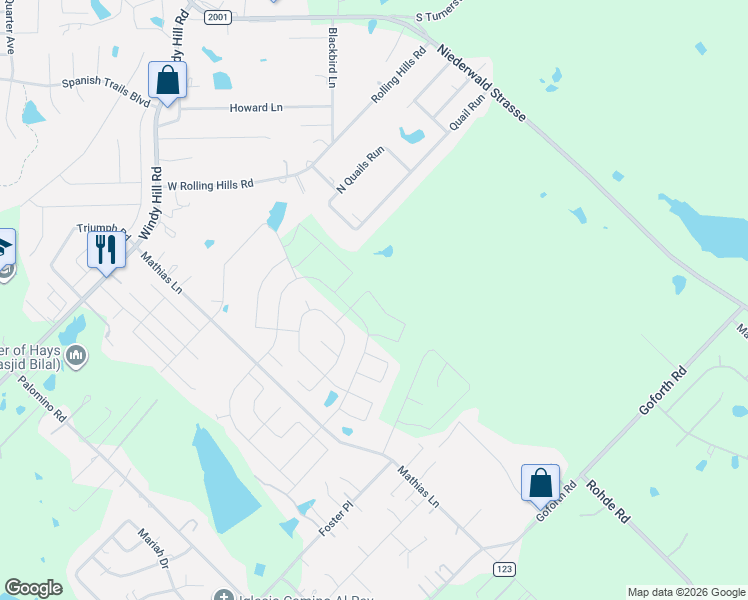 map of restaurants, bars, coffee shops, grocery stores, and more near 1001 Mathias Lane in Kyle
