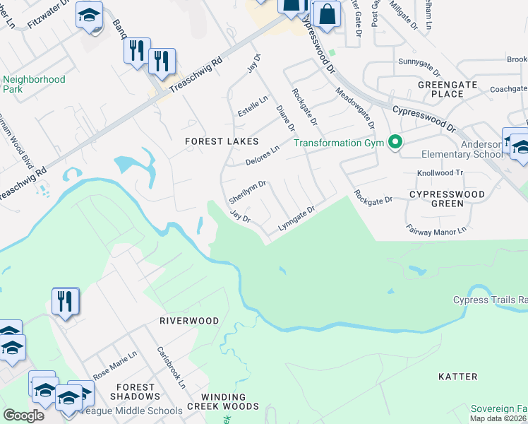 map of restaurants, bars, coffee shops, grocery stores, and more near 22203 Bridgebrook Drive in Spring