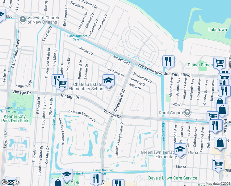 map of restaurants, bars, coffee shops, grocery stores, and more near 4152 Medoc Drive in Kenner