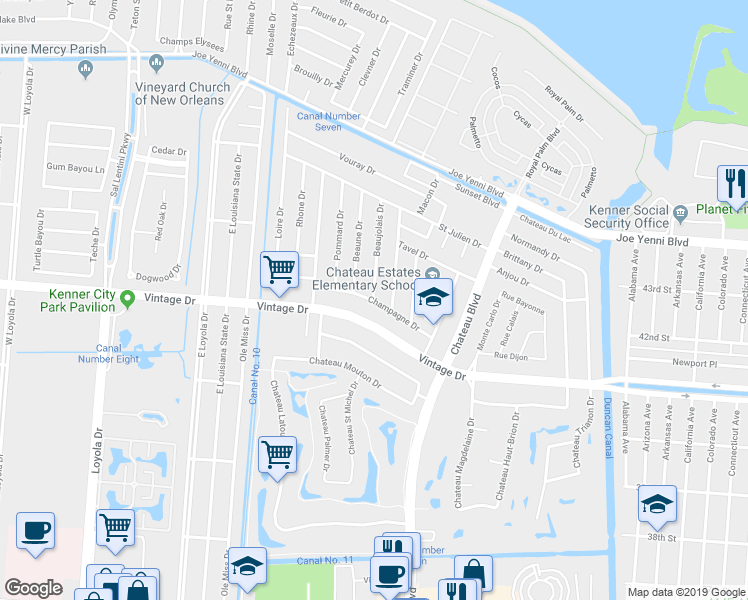 map of restaurants, bars, coffee shops, grocery stores, and more near 814 Champagne Drive in Kenner