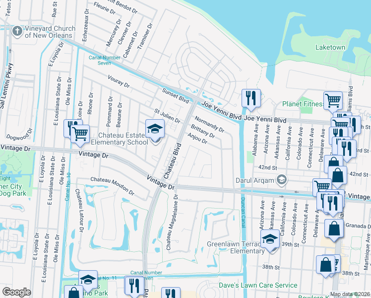 map of restaurants, bars, coffee shops, grocery stores, and more near 29 Monte Carlo Drive in Kenner