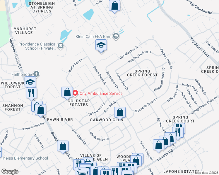 map of restaurants, bars, coffee shops, grocery stores, and more near 17630 Seven Pines Drive in Spring