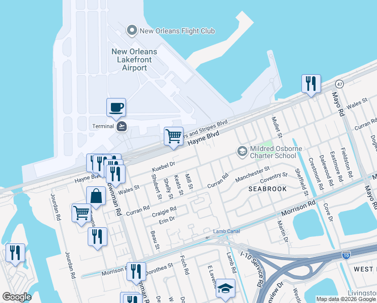 map of restaurants, bars, coffee shops, grocery stores, and more near 7947 Lamb Road in New Orleans