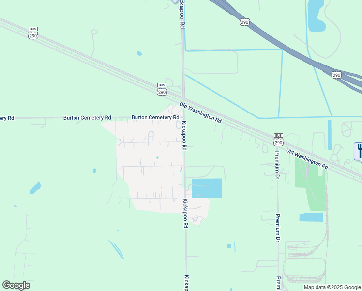 map of restaurants, bars, coffee shops, grocery stores, and more near 17815 Kickapoo Road in Waller