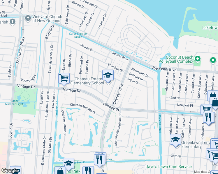 map of restaurants, bars, coffee shops, grocery stores, and more near 4121 Medoc Drive in Kenner
