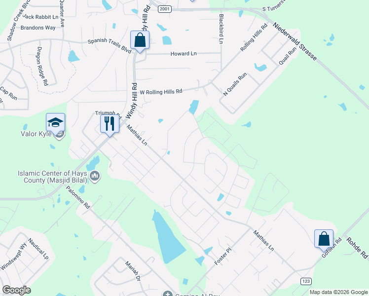 map of restaurants, bars, coffee shops, grocery stores, and more near 600 Mathias Lane in Kyle