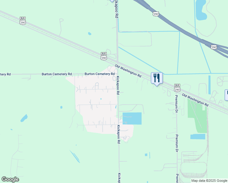 map of restaurants, bars, coffee shops, grocery stores, and more near 17815 Kickapoo Road in Waller