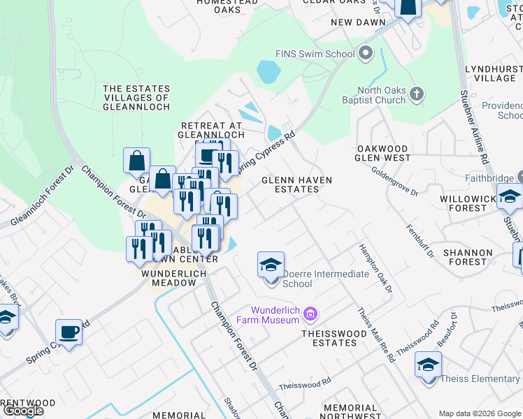 map of restaurants, bars, coffee shops, grocery stores, and more near 8423 Marchelle Lane in Spring