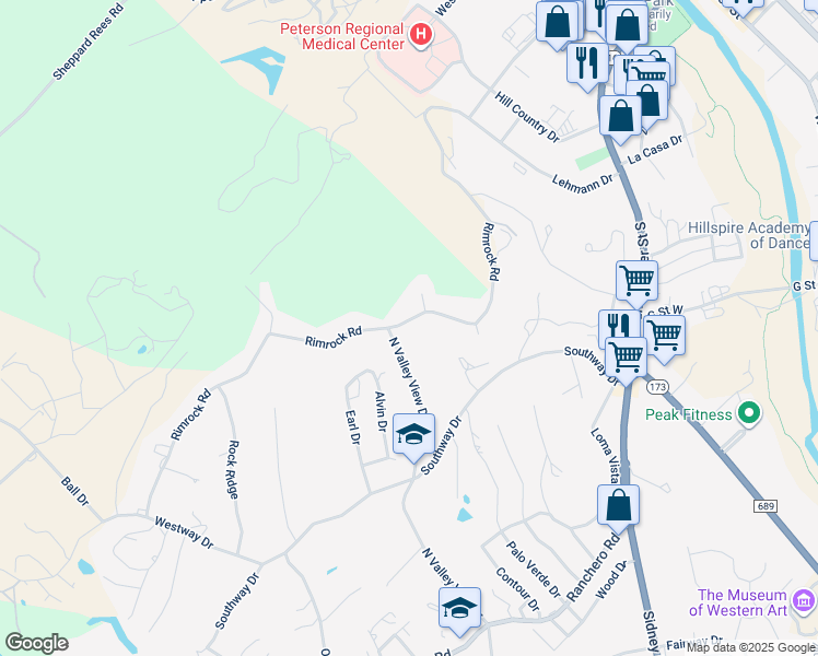 map of restaurants, bars, coffee shops, grocery stores, and more near 570 Rimrock Road in Kerrville
