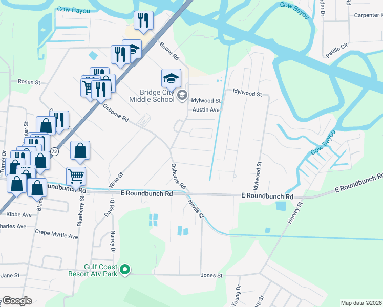 map of restaurants, bars, coffee shops, grocery stores, and more near 1008 Rebecca Ln in Bridge City