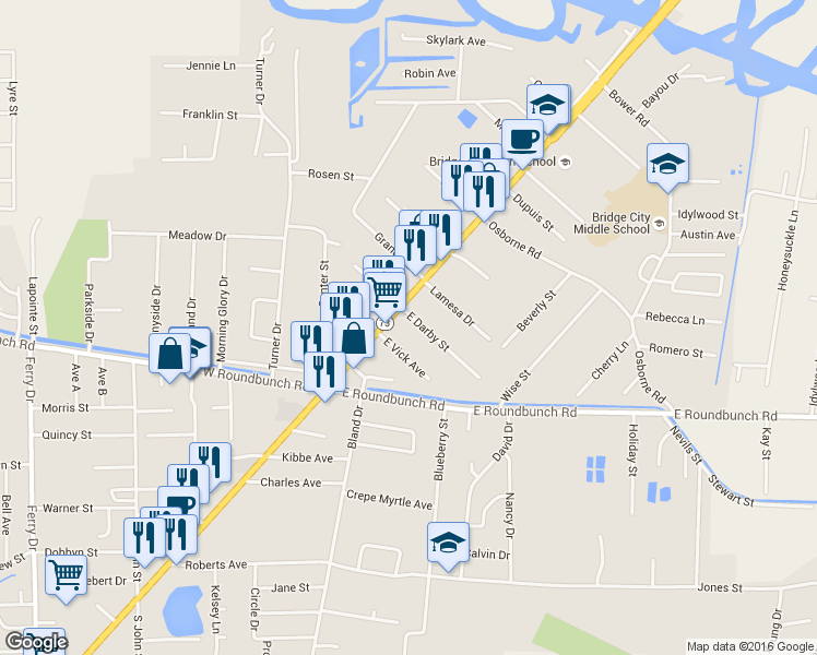map of restaurants, bars, coffee shops, grocery stores, and more near 130 East Darby Street in Bridge City