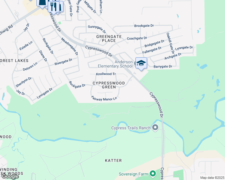 map of restaurants, bars, coffee shops, grocery stores, and more near 6019 Greenway Manor Lane in Spring