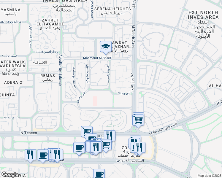 map of restaurants, bars, coffee shops, grocery stores, and more near 122 No.45 in New Cairo 1