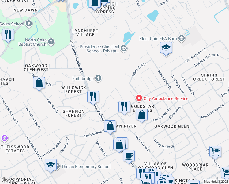 map of restaurants, bars, coffee shops, grocery stores, and more near 7127 Poppyseed Trail in Klein