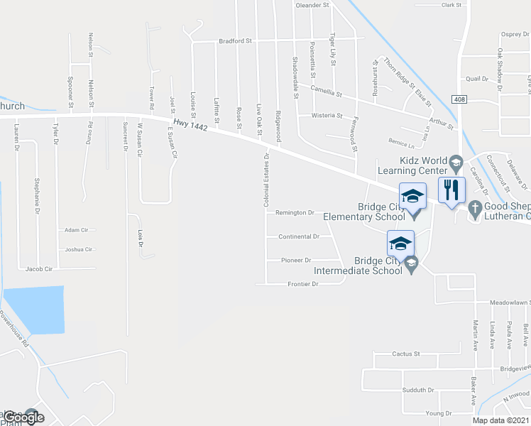map of restaurants, bars, coffee shops, grocery stores, and more near 132 Colonial Estates Drive in Bridge City
