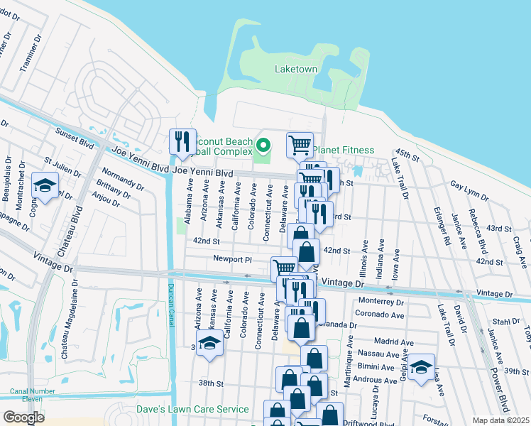 map of restaurants, bars, coffee shops, grocery stores, and more near 4245 Connecticut Avenue in Kenner