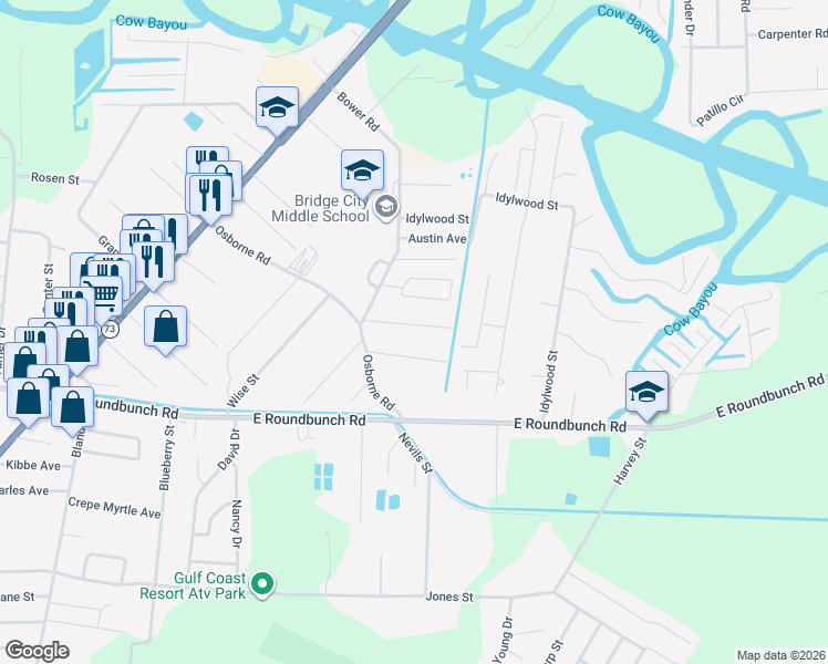 map of restaurants, bars, coffee shops, grocery stores, and more near 1008 Rebecca Lane in Bridge City