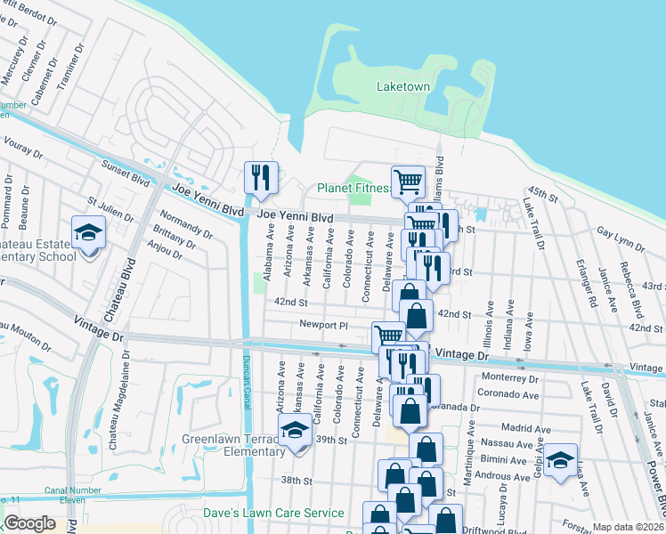 map of restaurants, bars, coffee shops, grocery stores, and more near 4244 California Avenue in Kenner