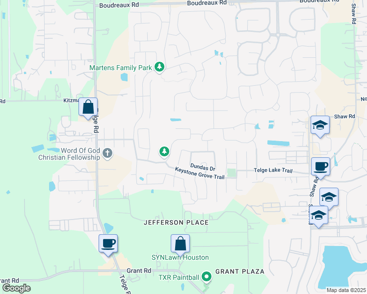 map of restaurants, bars, coffee shops, grocery stores, and more near 15514 Montreal Drive in Harris County