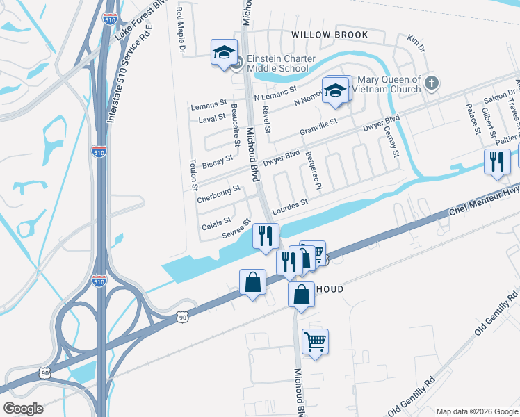map of restaurants, bars, coffee shops, grocery stores, and more near 4834 Michoud Boulevard in New Orleans