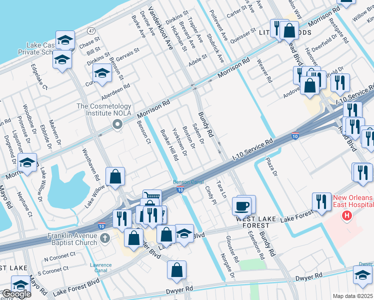 map of restaurants, bars, coffee shops, grocery stores, and more near 7030 Yorktown Drive in New Orleans