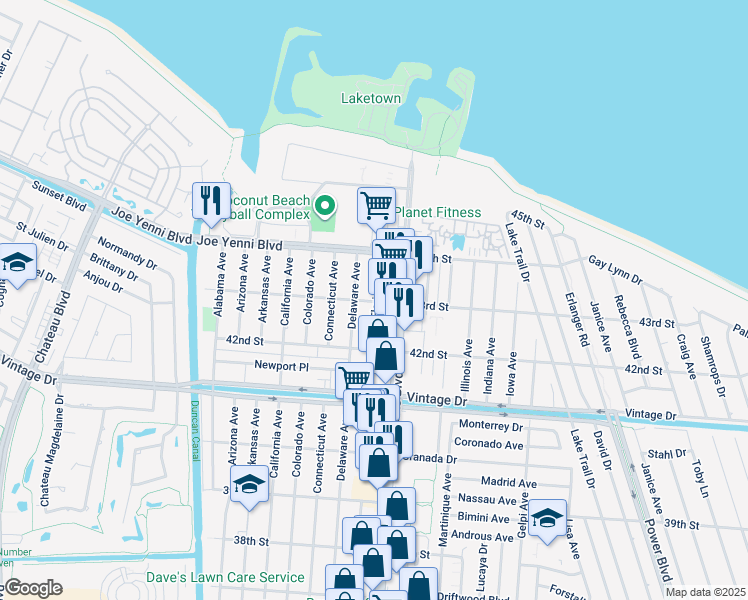 map of restaurants, bars, coffee shops, grocery stores, and more near 4300 Delaware Avenue in Kenner