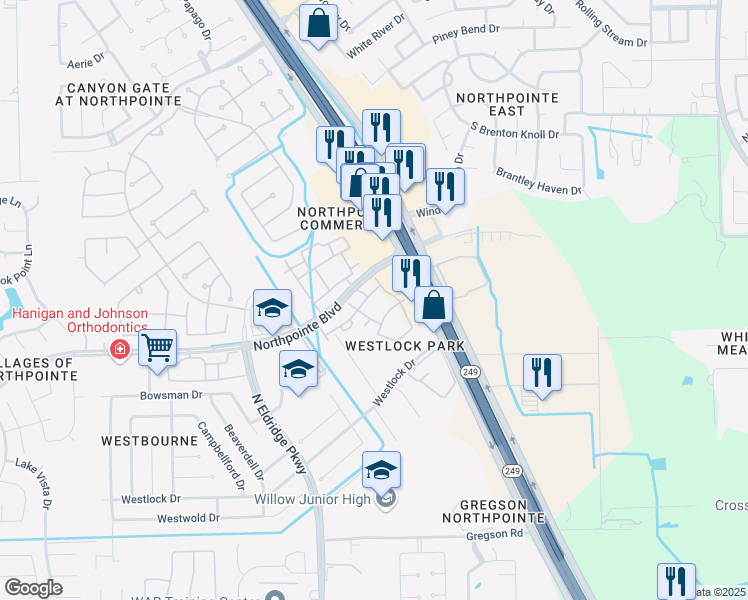 map of restaurants, bars, coffee shops, grocery stores, and more near 11743 Northpointe Boulevard in Tomball