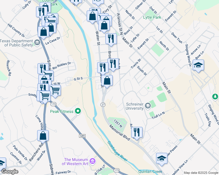map of restaurants, bars, coffee shops, grocery stores, and more near 1814 Broadway in Kerrville