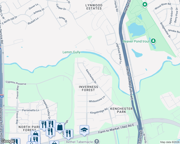 map of restaurants, bars, coffee shops, grocery stores, and more near 1202 Forsythe Lane in Houston