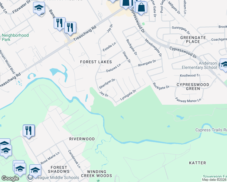 map of restaurants, bars, coffee shops, grocery stores, and more near 22203 Bridgebrook Drive in Spring