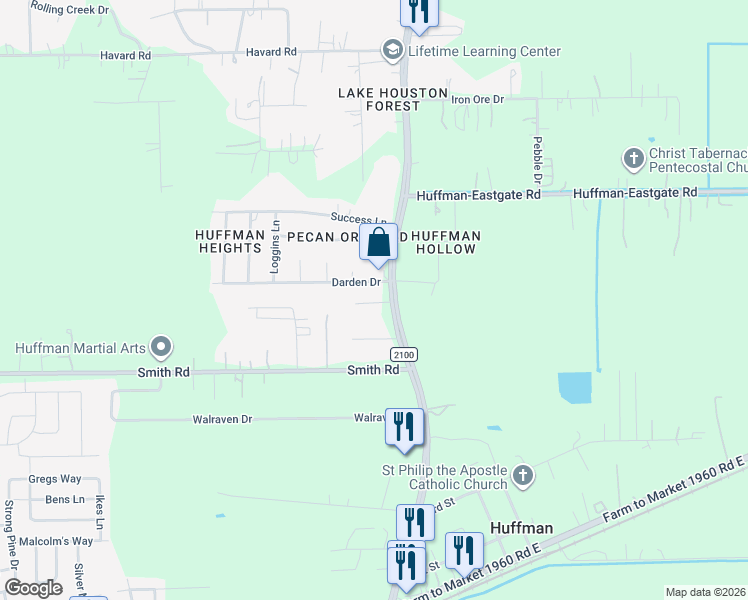 map of restaurants, bars, coffee shops, grocery stores, and more near 24919 Farm to Market 2100 in Huffman