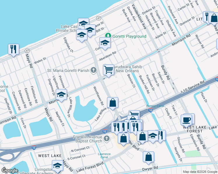 map of restaurants, bars, coffee shops, grocery stores, and more near 8410 Beechwood Court in New Orleans