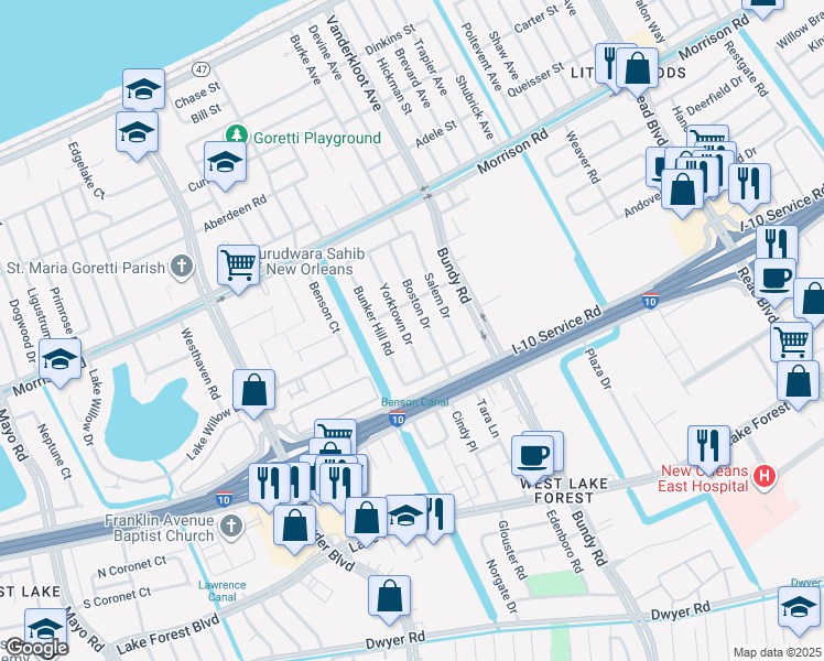 map of restaurants, bars, coffee shops, grocery stores, and more near 7030 Yorktown Drive in New Orleans