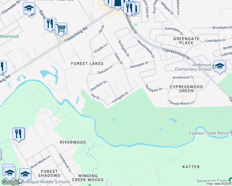 map of restaurants, bars, coffee shops, grocery stores, and more near 22114 Nobles Crossing Drive in Spring