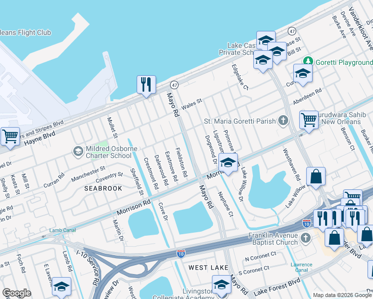 map of restaurants, bars, coffee shops, grocery stores, and more near 7520 Mayo Boulevard in New Orleans