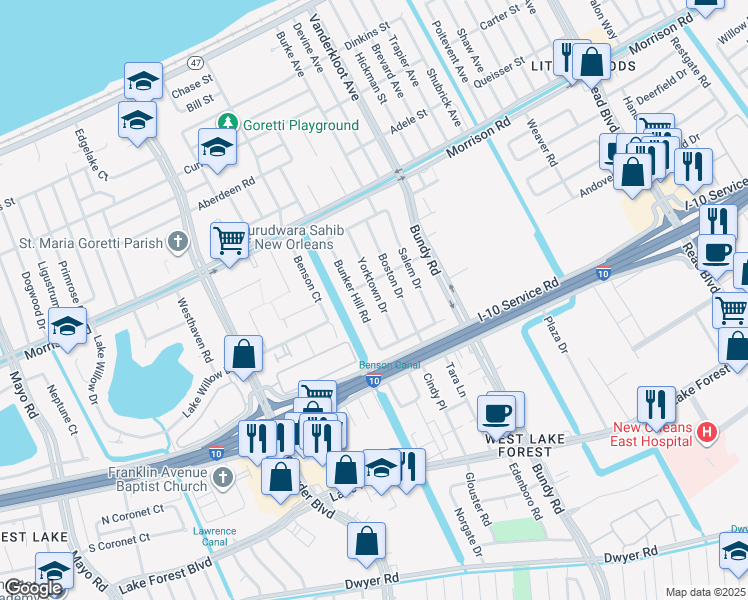 map of restaurants, bars, coffee shops, grocery stores, and more near 7030 Yorktown Drive in New Orleans