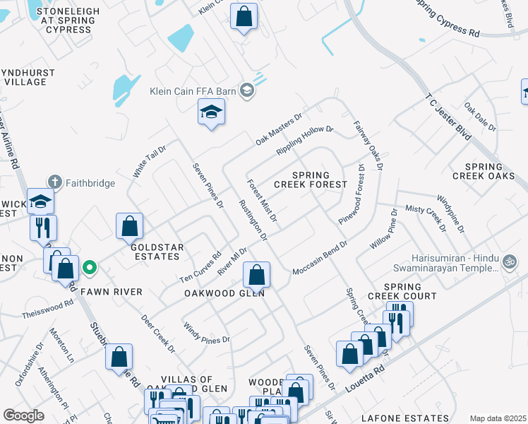 map of restaurants, bars, coffee shops, grocery stores, and more near 17523 Forest Mist Dr in Spring