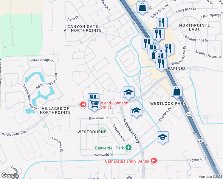 map of restaurants, bars, coffee shops, grocery stores, and more near 11923 Canyon Star Lane in Tomball