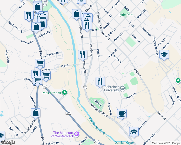 map of restaurants, bars, coffee shops, grocery stores, and more near 1814 Broadway in Kerrville