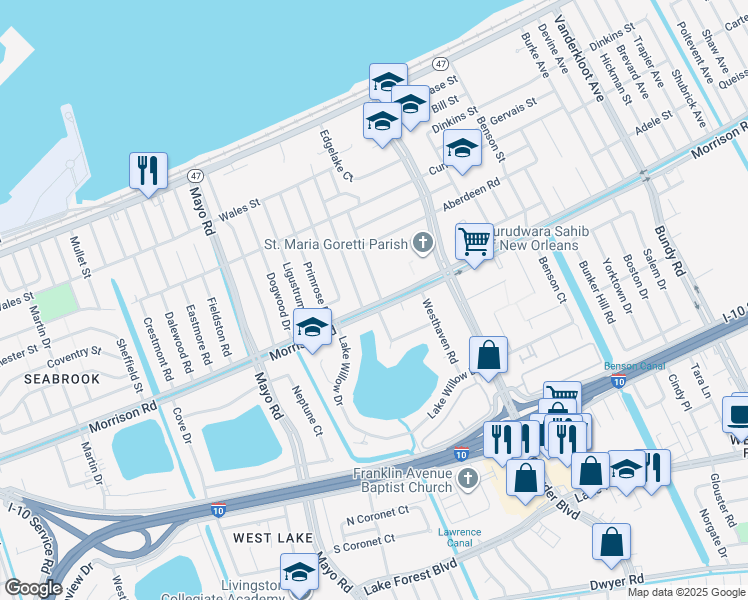 map of restaurants, bars, coffee shops, grocery stores, and more near 7300 Malvern Drive in New Orleans