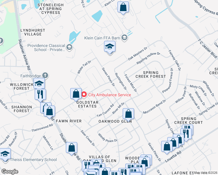 map of restaurants, bars, coffee shops, grocery stores, and more near 6802 Peace River Drive in Spring