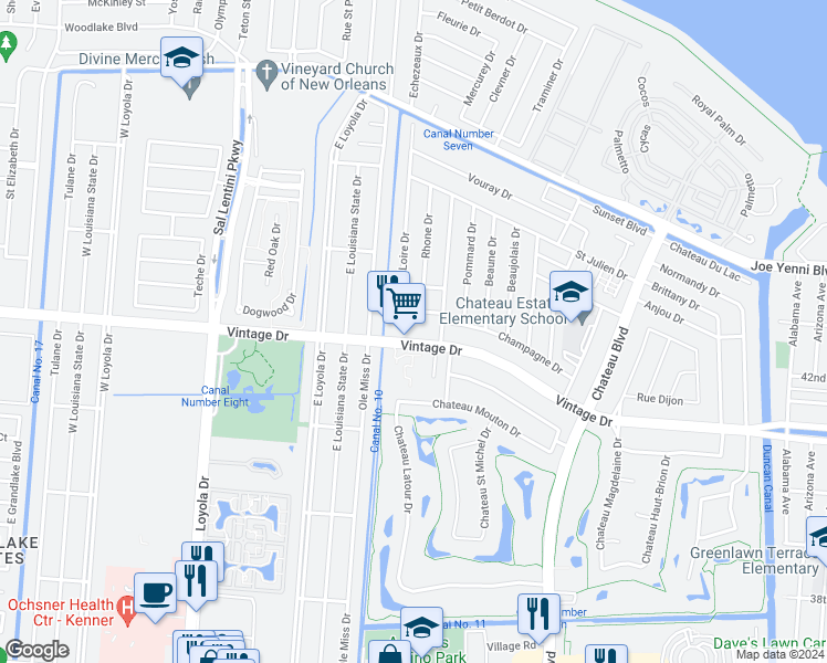 map of restaurants, bars, coffee shops, grocery stores, and more near 602 Vintage Drive in Kenner