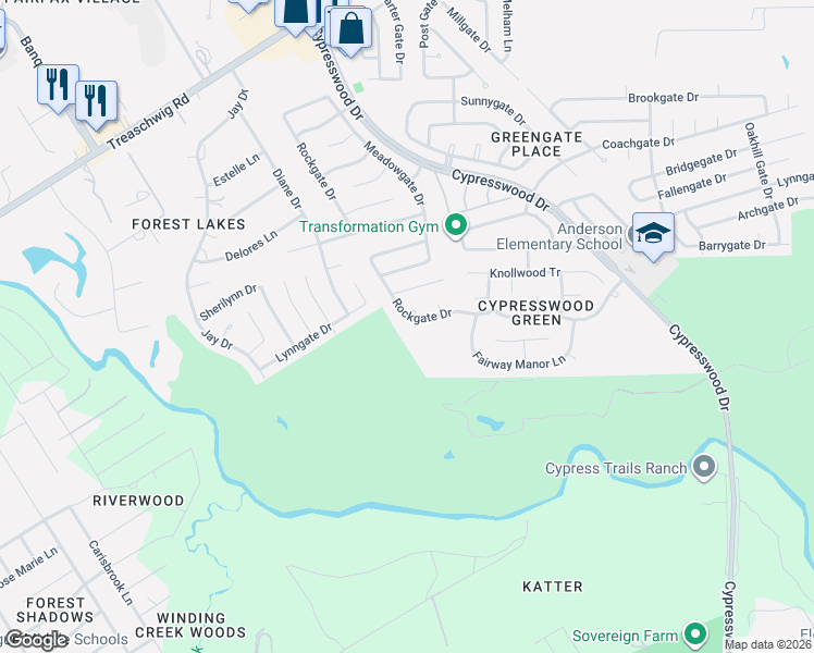 map of restaurants, bars, coffee shops, grocery stores, and more near 5411 Gate Canyon Court in Spring