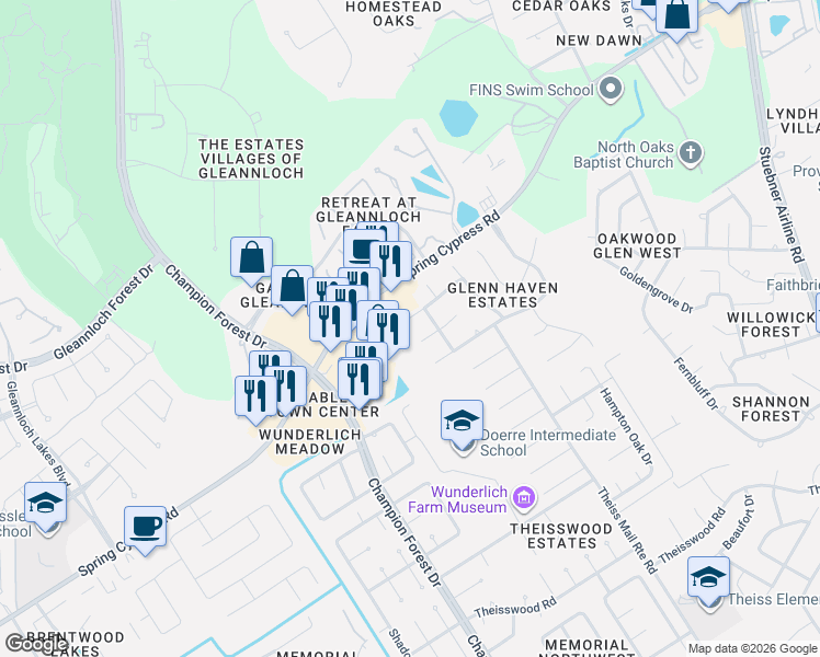 map of restaurants, bars, coffee shops, grocery stores, and more near 8515 Glenn Leigh Drive in Spring