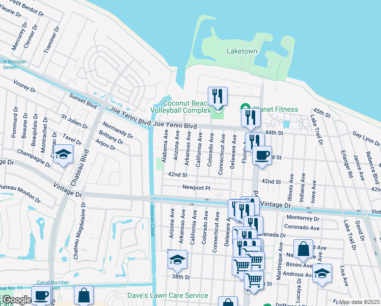 map of restaurants, bars, coffee shops, grocery stores, and more near 4241 Arkansas Avenue in Kenner